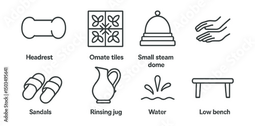 Line style icons of Turkish hammam: headrest pillow, ornate tiles, small steam dome, masseur hands, traditional sandals, rinsing jug, water splash, low bench.