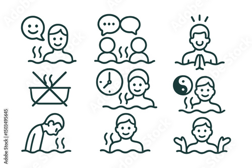 Line style icons of Japanese bath: soft talking icon, shared silence bubble, respect icon, no rush symbol, slow pace clock, harmony icon, bowing figure, welcome with smile.