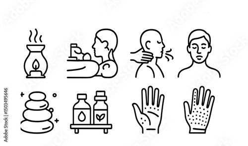 Line style icons of massage and bodywork: aromatherapy icon, cupping therapy, neck stretch, guided breathing, massage stones, essential oils rack, hand reflexology, massage gloves.