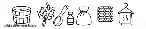 Line style icons of bath accessories: bucket with water, birch leaves bundle, wooden scoop, linen bag, essential oils shelf, washcloth, brush with handle, scent towel.