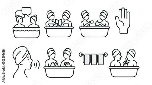 Line style icons of bath as social space: dialogue bubbles, bath storytelling, tea ritual with friends, welcome hand, gentle voice icon, respect gesture, community towel rack, quiet friendship.