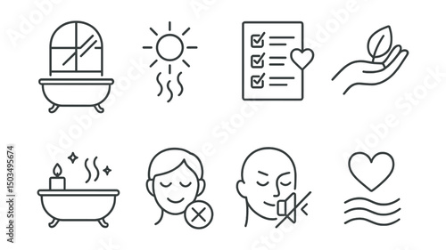 Line style icons of slow living and bath: morning light in bath, steam and sunlight icon, peaceful checklist, gentle habits icon, bath as ritual, day without noise, emotional warmth, slow breath