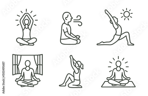 Line style icons of yoga and breathwork: morning yoga icon, energizing breath icon, daylight stretch, sun salutation, open window yoga, wake-up flow, bright energy breath, new day mat.