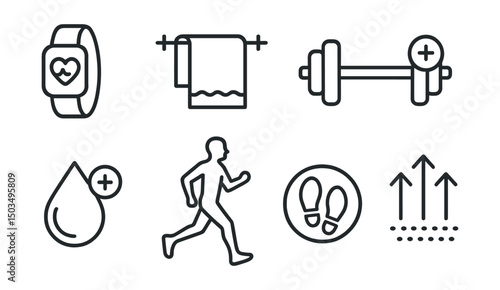Line style icons of men’s health: fitness tracker icon, gym towel, strength training bar, recovery zone, hydration symbol, active man silhouette, daily step icon, movement streak tracker.