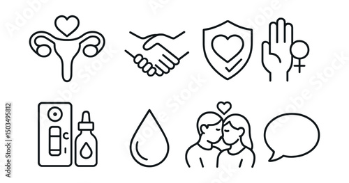 Line style icons of women’s health: sexual health icon, consent handshake, pleasure and safety badge, body autonomy symbol, STI testing kit, lubrication drop, healthy intimacy icon, communication