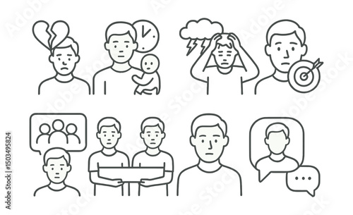 Line style icons of men’s health: relationship stress icon, fatherhood balance, emotional overload, performance anxiety, support group chat, shared load symbol, men’s circle, honest talk bubble.