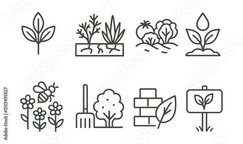 Line style icons of garden and greenhouse: native plants icon, drought-tolerant garden, edible landscape icon, water-saving icon, pollinator habitat, low-maintenance planting, sustainable materials,