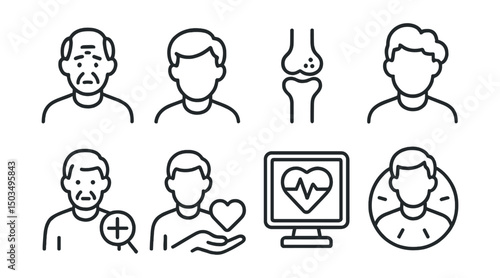 Line style icons of men’s health: aging awareness, gray hair icon, joint health symbol, memory support icon, routine health screen, older male care symbol, stamina monitor, lifelong vitality.