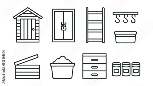 Line style icons of garden structures: tool shed door, lockable cabinet, garden shelf unit, hanging hooks, storage chest, bin for soil, seed drawer, labeled containers.