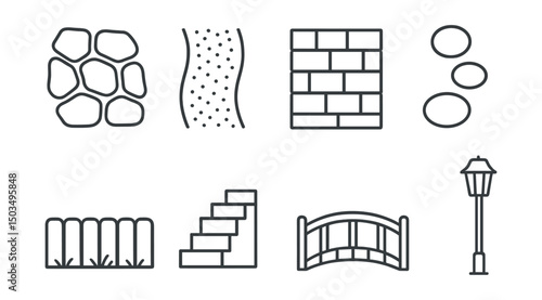 Line style icons of garden structures: stone path layout, gravel walkway, paver blocks, stepping stones, garden edge border, slope steps, wooden bridge, pathway light post.