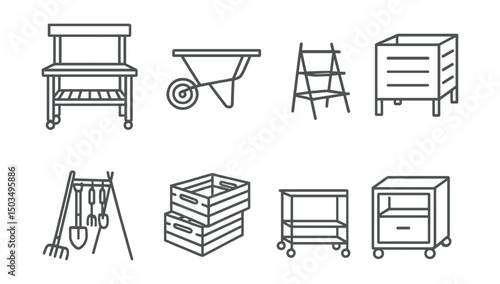 Line style icons of garden structures: mobile potting bench, wheelbarrow table, collapsible shelf, lightweight compost bin, foldable tool rack, stackable boxes, mobile frame base, storage on wheels.
