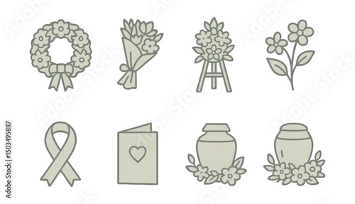 Line style icons of floristry: funeral wreath, sympathy bouquet, tribute arrangement, memory flowers, quiet color scheme, ribbon of remembrance, condolence card, urn floral ring.