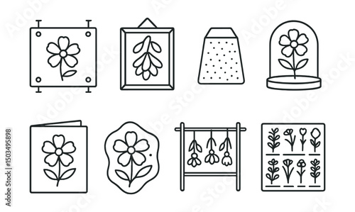 Line style icons of floristry: flower press kit, petal drying frame, silica gel bag, preserved flower dome, pressed flower card, resin flower icon, drying rack icon, labeled specimens.