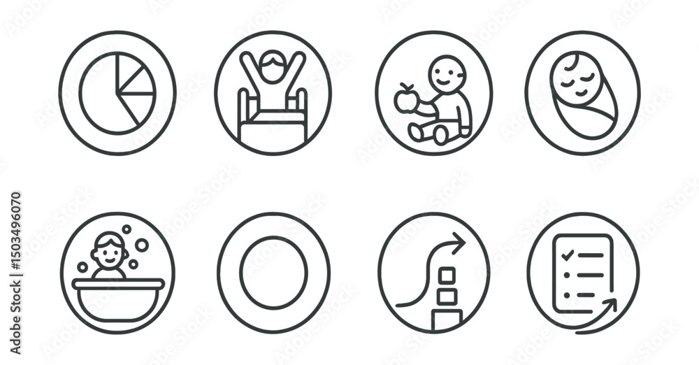 Line style icons of family and parenting: daily rhythm chart, wake up and stretch, snack and play icon, nap and calm moment, evening bath symbol, daily circle ring, structure with flow, flexible plan Line style icons of family and parenting: daily rhythm chart, wake up and stretch, snack and play icon, nap and calm moment, evening bath symbol, daily circle ring, structure with flow, flexible plan