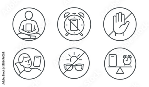 Line style icons of wellness and healthy living: mindful phone use, digital detox clock, screen break hand, notifications off symbol, rest from tech icon, blue light blocker, silence zone badge, tech