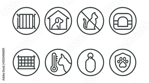 Line style icons of pets at home: pet safety gate, home pet zone icon, no access symbol, cozy crate icon, safe balcony net, temperature check for pet, ID tag symbol, escape prevention badge. Circular