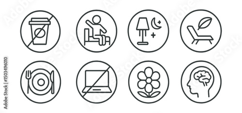 Line style icons of wellness and healthy living: no caffeine after 2 icon, light dinner plate, stretch before bed, dim light hour, no work after 8 badge, calm tone space, unwind zone icon, rest for