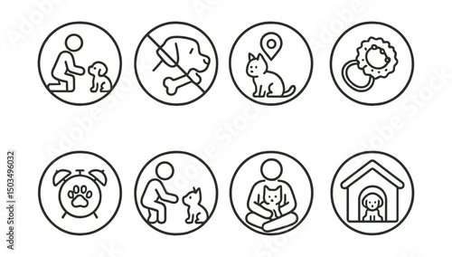 Line style icons of pets at home: young pet care icon, puppy chew warning, baby animal tracker, teething relief toy, nap schedule icon, early training circle, bonding with baby pet, baby-safe space.