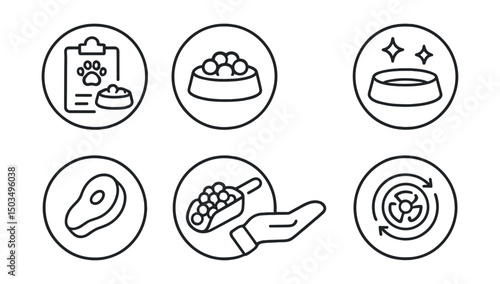 Line style icons of pets at home: feeding schedule chart, meal portion icon, clean bowl symbol, treat in hand, raw food symbol, fresh kibble scoop, slow feeder bowl, food rotation ring. Circular