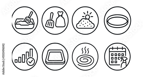 Line style icons of pets at home: litter box clean icon, scoop and bag symbol, fresh litter badge, potty training chart, indoor potty pad ring, odor control icon, sand refill icon, cleaning schedule.