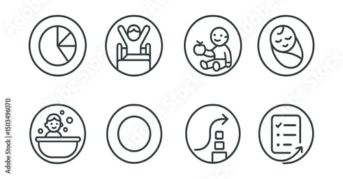Line style icons of family and parenting: daily rhythm chart, wake up and stretch, snack and play icon, nap and calm moment, evening bath symbol, daily circle ring, structure with flow, flexible plan
