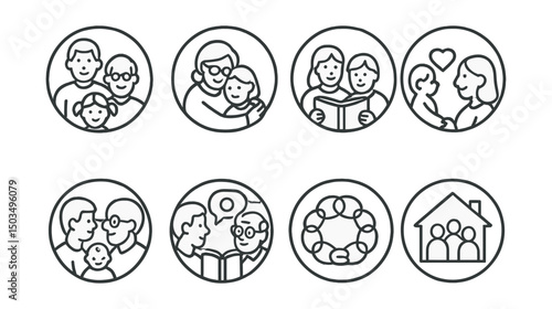 Line style icons of family and parenting: multigenerational care icon, grandparent hug moment, family storytime ring, cross-generational connection, baby with elder icon, history sharing symbol,