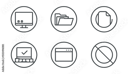 Line style icons of digital minimalism: declutter desktop icon, minimal folder structure, clean wallpaper badge, file with no chaos ring, minimal workspace icon, task-focused computer, few tabs icon,