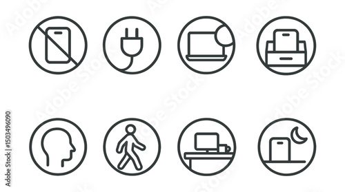 Line style icons of digital minimalism: tech-free zone icon, unplug hour badge, digital sabbath ring, phone in drawer symbol, away from screen icon, offline walk moment, quiet desk circle, evening