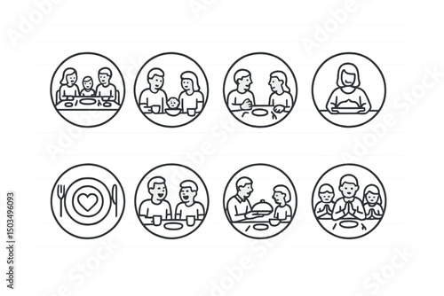Line style icons of family and parenting: family meal time, shared breakfast icon, dinner chat ring, setting table badge, favorite food symbol, mealtime laugh moment, passing dish icon, gratitude