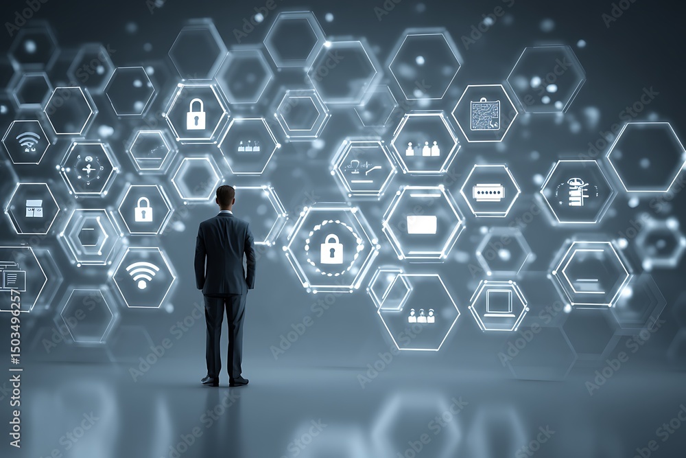 Man in suit looking at glowing hexagon icons representing data security and technology Man in suit looking at glowing hexagon icons representing data security and technology