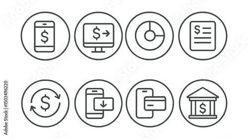 Line style icons of digital payment systems: mobile banking icon, online transaction badge, balance overview ring, account history list, wire transfer symbol, deposit/withdraw icon, card link to app,