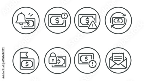 Line style icons of digital payment systems: payment notification bell, transaction alert icon, suspicious activity warning, transaction summary ring, flagged transfer badge, alert with lock, daily