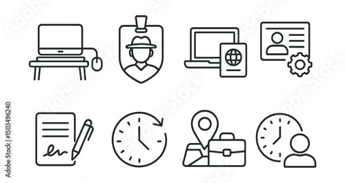 Line style icons of career and growth: remote work station, digital nomad badge, laptop and passport icon, freelance profile setup, contract gig symbol, flexible hours icon, location-free role,