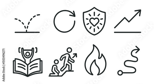 Line style icons of motivation and inspiration: bounce back icon, comeback arrow, resilient core badge, rise again line, learn and lift icon, fall and stand symbol, keep going flame, no quit path.