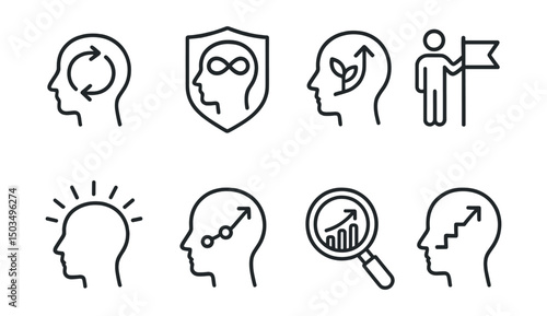 Line style icons of motivation and inspiration: change mindset icon, flexible thought badge, growth attitude symbol, challenge accepted icon, open mind rays, evolve thinking line, progress lens icon,
