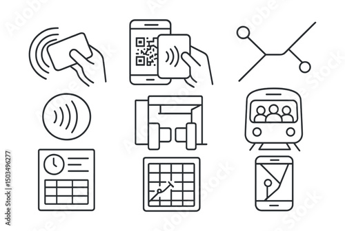 Line style icons of urban life: metro card tap, QR-ticket scan, contactless transit symbol, public transport map icon, commuter schedule chart, platform gate icon, rush hour train, city transit app.