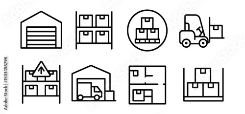 Line style icons of logistics and delivery: warehouse building icon, storage shelves symbol, pallet stack badge, forklift in aisle, high rack zone, loading dock icon, warehouse layout plan, bulk