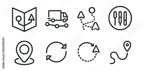 Line style icons of logistics and delivery: route planning map, truck route with stops, optimized delivery path, traffic overlay icon, GPS marker badge, route recalculation icon, live reroute symbol,