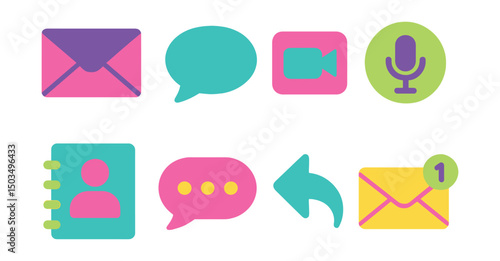 Two-Color vector icons of digital communication: email envelope, chat bubble, video call, voice message, contact list, typing dots, reply arrow, unread badge.