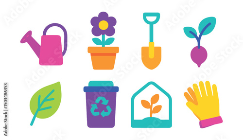 Two-Color vector icons of gardening and plants: watering can, flower pot, garden shovel, sprouting seed, leaf icon, compost bin, greenhouse, gloves.