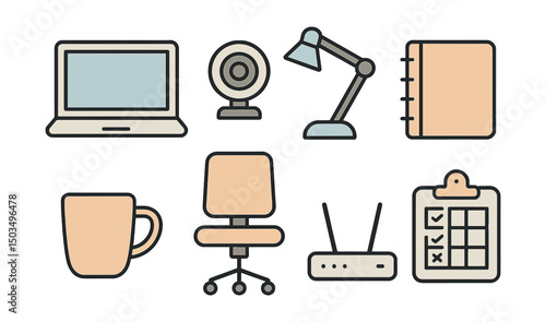 Outline with Fill style icons of home office essentials: laptop, webcam, desk lamp, notebook, coffee mug, chair, Wi-Fi router, schedule board.