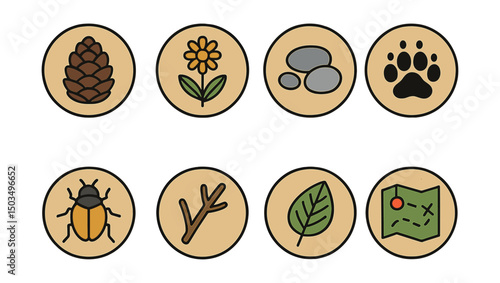 Outline with Fill vector icons of nature hike finds in circles: pine cone, wildflower, stream stone, animal track, insect, twig, leaf print, trail map.