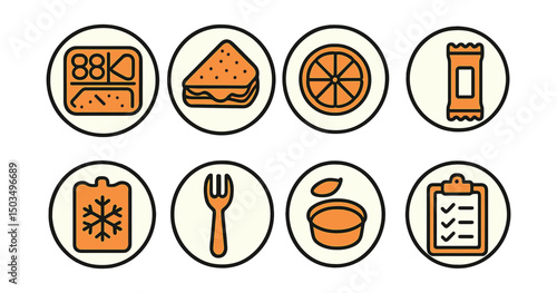 Outline with Fill vector icons of daily lunchbox prep in circles: bento box, sandwich, fruit slice, snack bar, ice pack, reusable fork, sauce container, checklist.