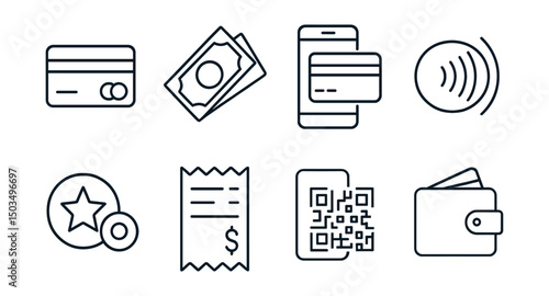 Line style icons of payment options: credit card, cash icon, mobile pay, contactless symbol, loyalty points, receipt with total, QR payment, digital wallet.