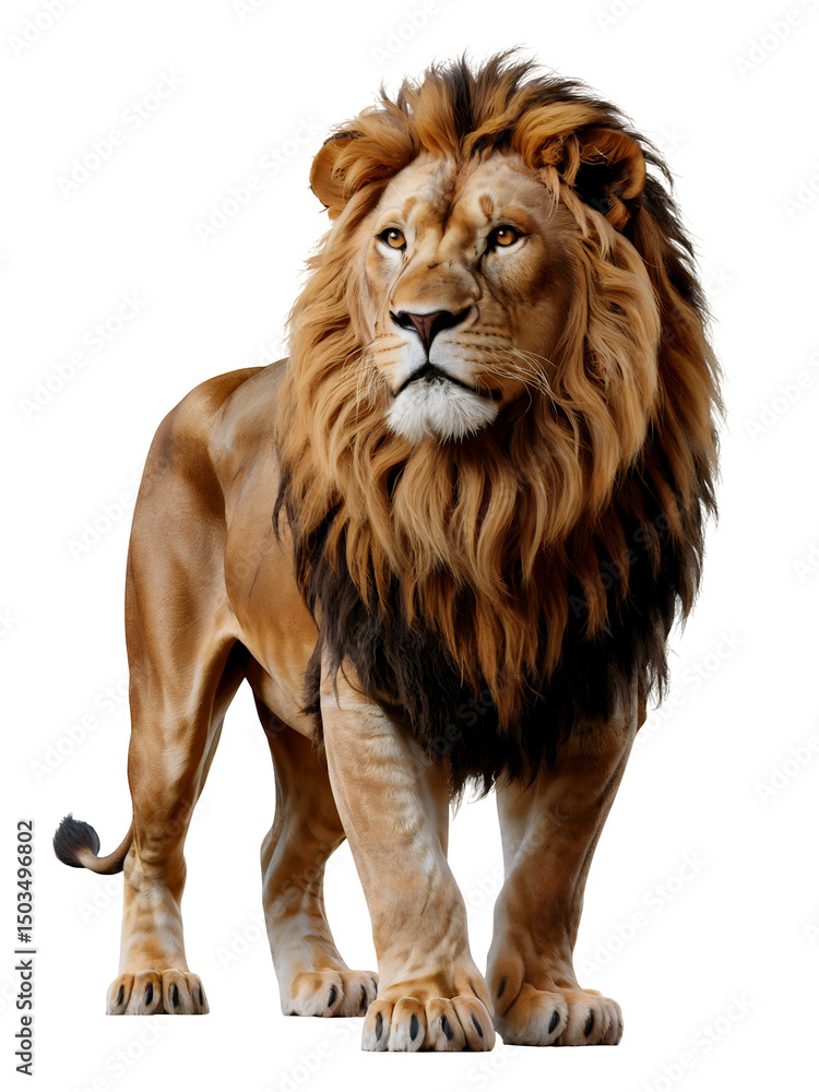 Obraz premium Majestic male lion with a thick, golden mane standing on a transparent background, concept for wildlife photography, animal documentaries, and nature conservation projects