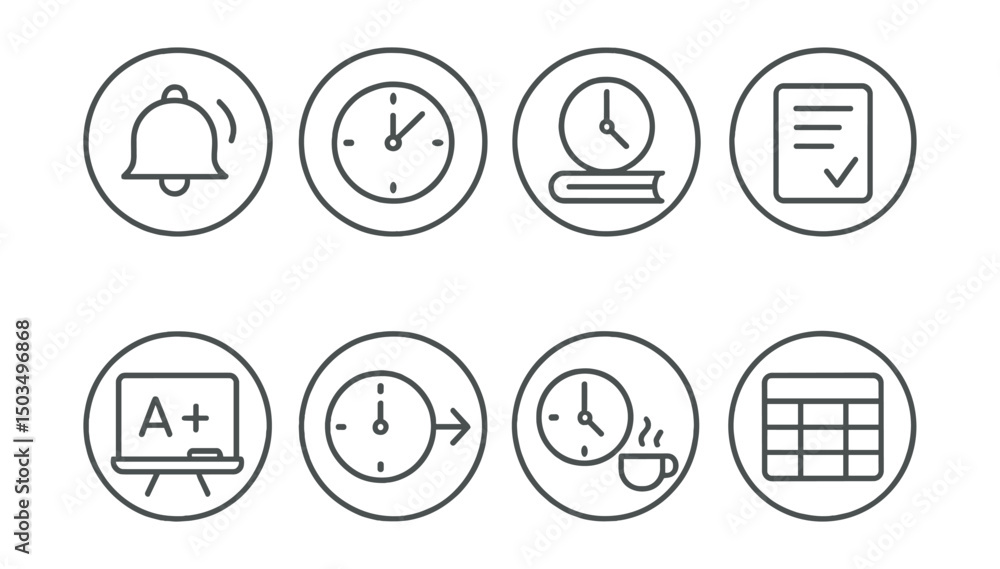 Line style icons of school and study time in circles: school bell icon, class start clock, study time ring, assignment due date, lesson plan badge, class hour icon, break time circle, school Line style icons of school and study time in circles: school bell icon, class start clock, study time ring, assignment due date, lesson plan badge, class hour icon, break time circle, school