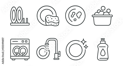 Line style icons of dishwashing: dish rack, sponge and plate, dirty dish icon, sink with bubbles, dishwasher icon, rinsing tap, clean plate sparkle, dish soap bottle.