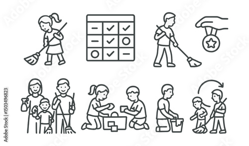 Line style icons of family chores: kids with broom, chore chart, shared cleaning task, reward for chores, parents and kids cleaning, tidy teamwork, “your turn” icon, chore rotation.