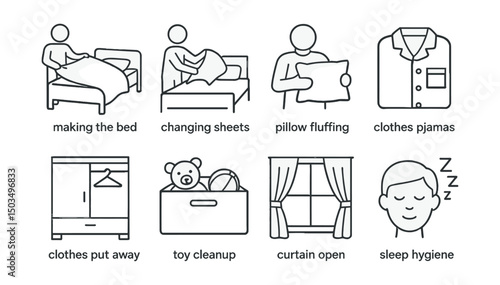 Line style icons of bedroom tasks: making the bed, changing sheets, pillow fluffing, folding pajamas, clothes put away, toy cleanup, curtain open icon, sleep hygiene.