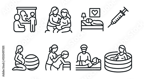 Line style icons of pregnancy: childbirth class icon, doula support, home birth setup, epidural syringe, birth ball, massage during labor, C-section preparation, birthing pool.